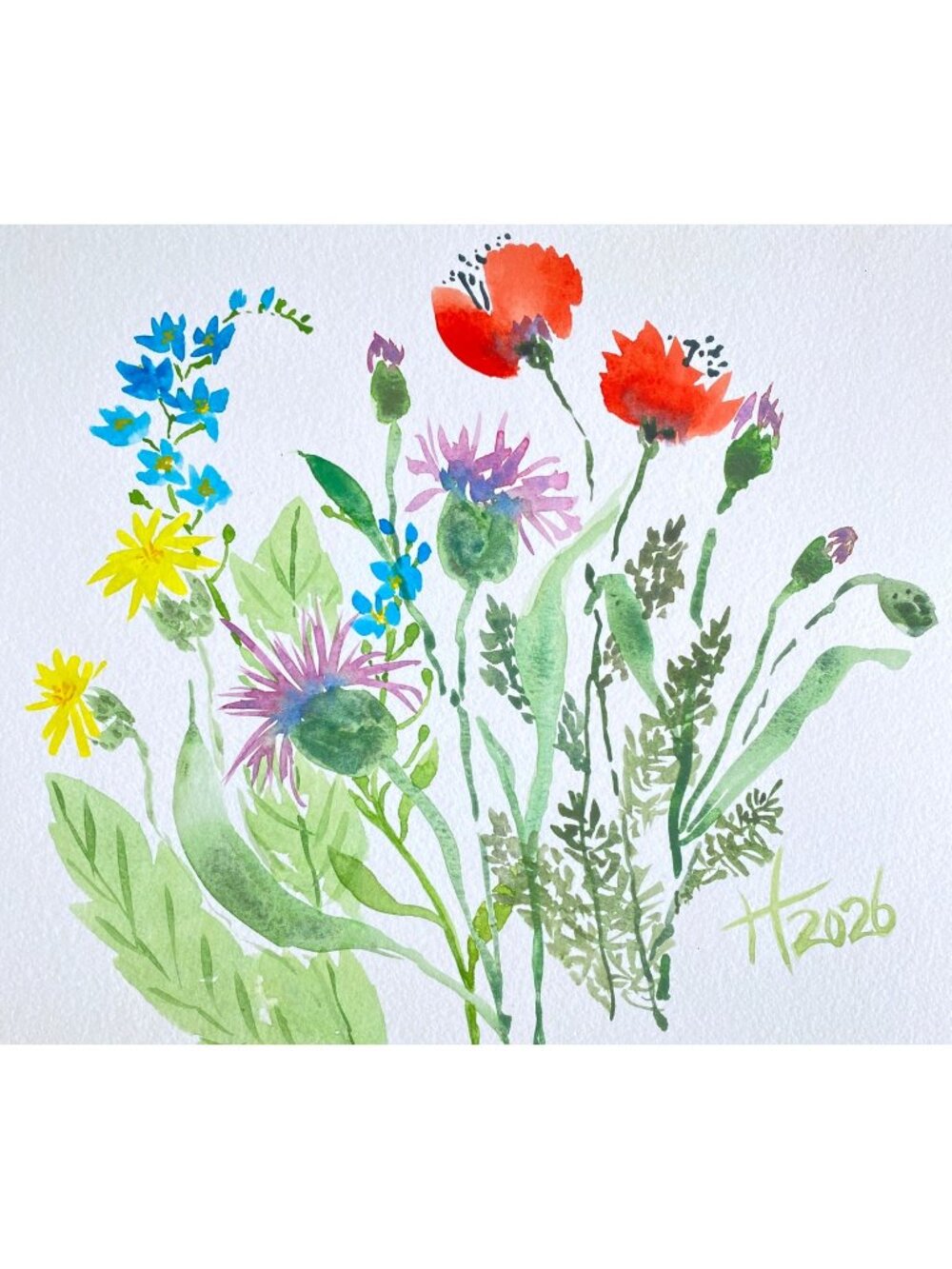 Wildflowers 12 Original Art Watercolor Signed Painting Matted 11x14in